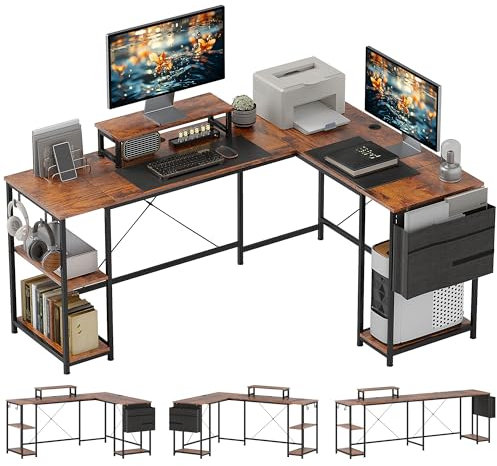 HOMCOM Schreibtisch L Form mit Regal, Computertisch mit Monitorständer & 2 Haken Umkehrbarer Gaming Tisch Eckschreibtisch für Büro, Schlafzimmer, 168 x 120 x 90 cm, Rustikal-Braun