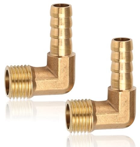 2 Stück 90° Winkel Messing Schlauchanschluss, DN10 Schwanz Barb Connector, 10 mm x AG 3/8 Zoll Barb Schlauch 90-Grad Winkelstück, 3/8 Messing Schlauchanschluss für die meisten Rohrverbindungen
