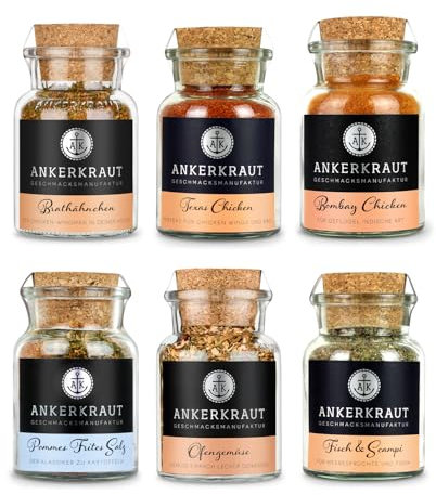 Ankerkraut Airfryer Gewürz-Set, mit Ofengemüse, Pommes Salz, Fisch & Scampi, Brathähnchen, Texas und Bombay Chicken, mit Heißluftfritteuse kochen, 550g Gewürze enthalten