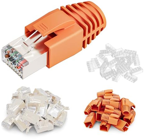 FGB 10Gbps RJ45 Stecker CAT 7 CAT 6A, 20 Stück Netzwerkstecker, Pass-Through & Geschirmt, 50μ Vergoldet,Lan Stecker für Verlegekabel AWG23 POE