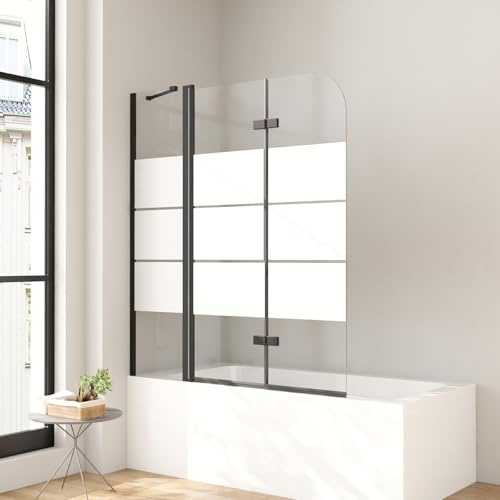 Duschwand für Badewanne Schwarz 140 x 140 cm 2-teilig Gestreift Faltbar Duschtrennwand mit Stabilisator und Festteil Faltwand Duschabtrennung 6mm Nano Glas Badewannenfaltwand