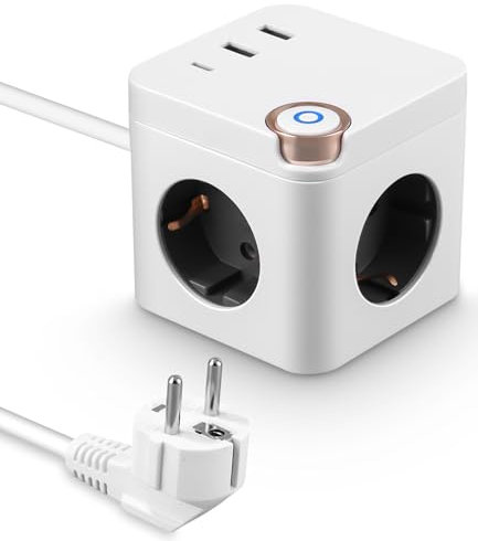 Cubo Regleta Enchufes USB con 3 Puertos de USB y 3 Tomas, Enchufe 6 en 1 Cubo con USB C, 3680W Enchufe múltiple con Interruptor de Ahorro de energía, para Oficina, casa, Viajes - Cable 1,5 m Blanco