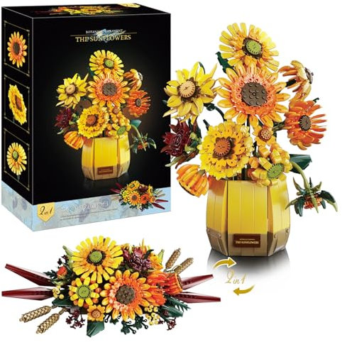 Ebortsin Sunflower Building Blocks Set for Adults, Van Go 2 in 1 Botanical Collection Sunflower Building Kits Compatible with L*** Flowers, Gifts for Mother's Day Christmas Birthday, 1328 Pieces