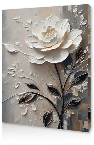 Qiukoo Wall Art Framed Canvas – 3D White Floral Textured Painting for Bedroom Decor, Elegant Canvas Wall Art for Living Room, Hallway, or Office with Pre-Mounted Frame and Hanging Hooks, 12x16 Inch