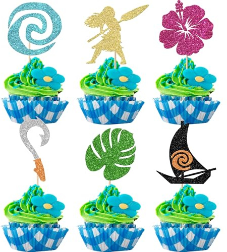 Xsstarmi 30 Pack Moana Inspired Cupcake Toppers Glitter Leaf Flower Palm Trees Monstera Cupcake Picks for Hawaiian Theme Baby Shower Children Birthday Party Cake Decoration