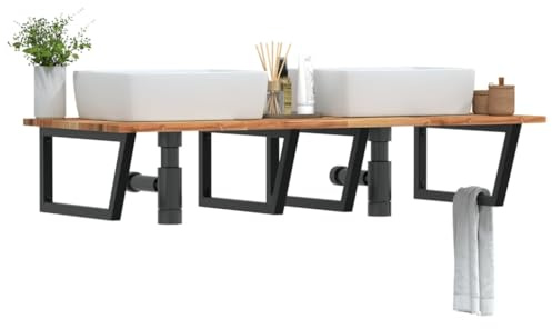 ULUYYUC Schweberegalsystem Waschbecken Regal 140×60 cm Akazienholz und Stahl Modernes Design bis 100 kg belastbar platzsparende Ablage für Badezimmer Küchenregal und Flurmöbel