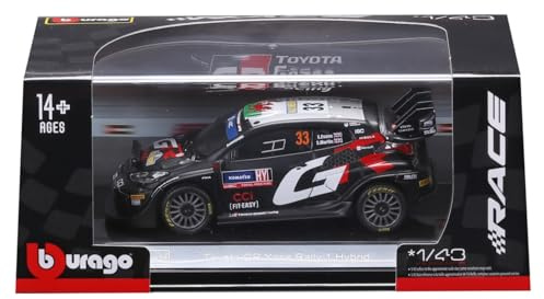 Bburago - Toyota GR Yaris Rally 1 Hybrid #33 Evans with Display Case in 1:43 Scale, Diecast Rally Car, Detailed Replica, Officially Licensed by Toyota, Recommended Age 14+