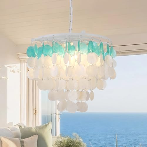 bomiel Coastal Capiz Muschel Kronleuchter Ø40 cm, Blau-Weiße Pendelleuchte mit Muschelketten, Höhenverstellbare Hängelampe mit 4x E14 für Esszimmer, Wohnzimmer, Kücheninsel (ohne Leuchtmittel)