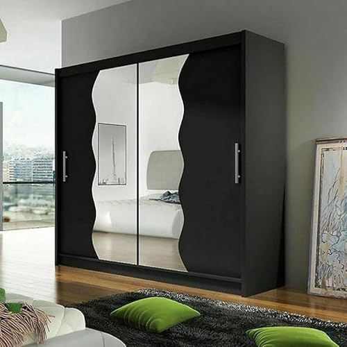 Agritrade AK BEGA X180 Wardrobe 180cm with Sliding Doors Mirro Hanging Rail Shelves Modern Bedroom Storage Black