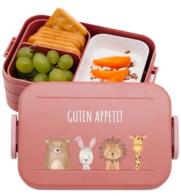 wunderwunsch MEPAL Brotdose Spülmaschinenfest Kinder, Lunchbox mit Einsatz für perfekte Ordnung, Spülmaschine, Mikrowellengeeignet, personalisiert mit niedlichem Motiv (Tiere unten uni, rosa)