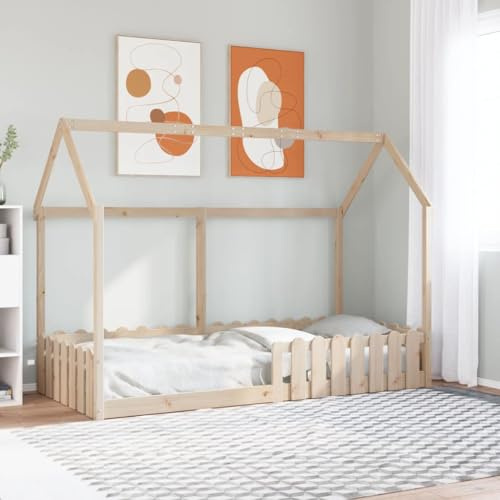 Mandloder Kinderbett Hausbett 90x190 cm Massivholz Kiefer, Robustes Bettgestell für Kinderzimmer, Verspieltes Design, niedriges Bodenbett, sichere Schienen, offenes Dach zum Dekorieren