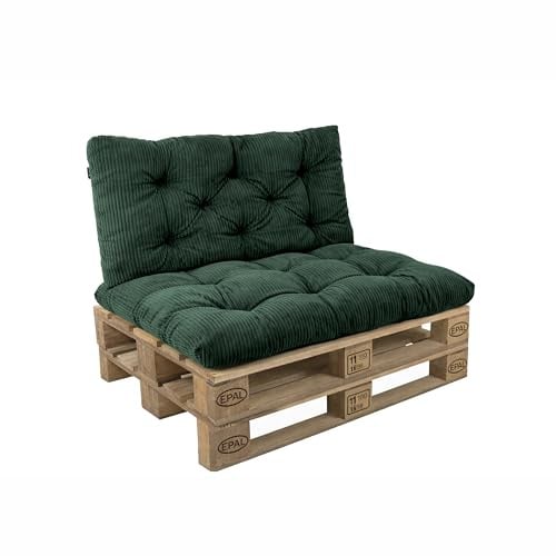 POKAR Set de 2 Cojines para Palets en Pana Suave | Asiento 120x60 + Respaldo 120x60 para Sofá de Jardín | Cojines Acolchados para Palé | Interior y Exterior | Oeko-Tex | Made in EU | Verde Botella