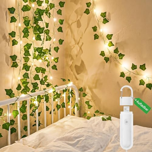 AebeChun Efeu Lichterkette - 2M Efeu Künstlich 20 LED Lichterkette, Grüne Blatt Efeuranke Batterie Lichterketten mit Timer Funktion, Blumengirlande Pflanzen für Hochzeit Party Garten Wohnung Balkon