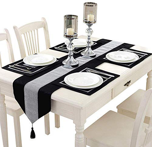 Time to Sparkle Set of 1 Velvet Table Runner + 6 Placemat Table Mats Thick Velvet Satin Tasseled Xmas (Velvet-black, 6*Placemats + 1*Runner)