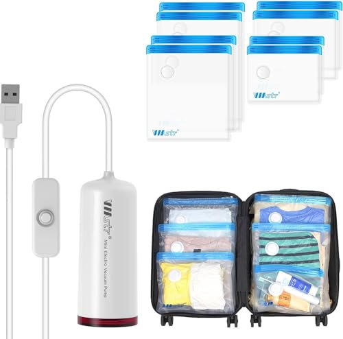 VMSTR Travel Vacuum Storage Bags with USB Electric Pump, Medium Small Space Saver Bags for Travel (White Travel Pump+ 8 Travel Bags)