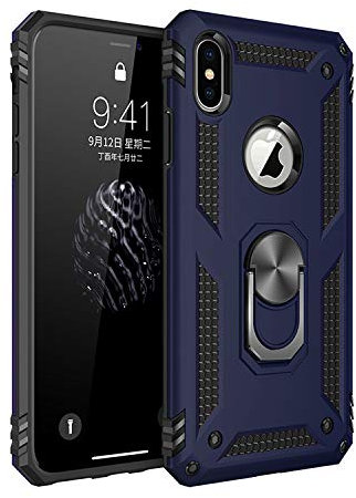 BestST Funda para iPhone XS MAX + HD Protector de Pantalla,con Anillo Soporte, Robusta Carcasa Híbrida TPU PC de Doble Capa Anti-arañazos Caso para Apple iPhone XS MAX,Azul