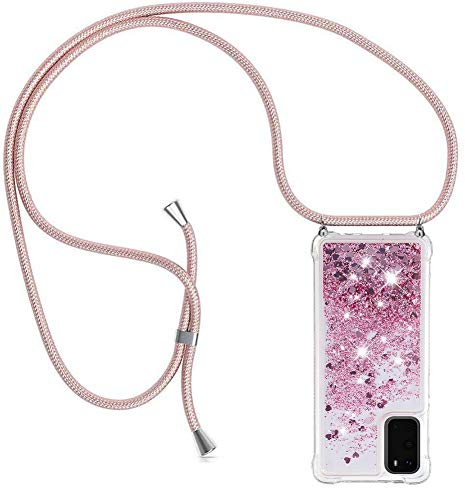 YuhooTech Handykette Hülle Kompatibel mit Samsung Galaxy S20 - Quicksand Glitzer Hülle mit Band - Silikon Handyhülle mit Kordel Umhängenband - Schnur mit Treibsand Case zum Umhängen