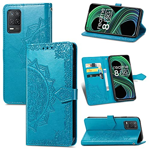 Fertuo Hülle für Realme 8 5G / Realme Narzo 30 5G, Handyhülle Leder Flip Case Tasche mit Kartenfach, Magnet und Standfunktion [Mandala Muster] Handy Schutzhülle Ledertasche für Realme 8 5G, Blau