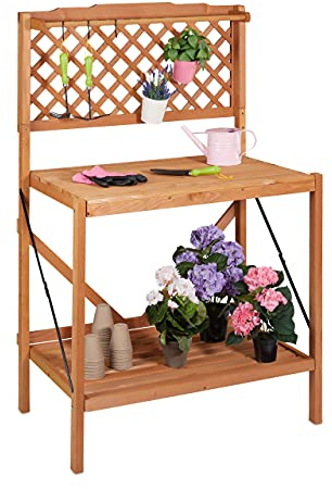 Relaxdays Pflanztisch, klappbarer Gartenarbeitstisch, HBT: 151,5 x 91 x 62 cm, Garten, Pflanzbank mit Ablage, Hellbraun