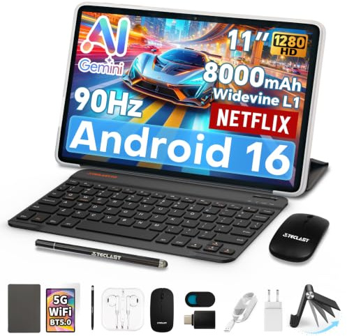 TECLAST P50T Tablet 11 con 10 Accesorios Android16, 90Hz 128GB+5TB 8000mAh | 2Ghz Octa-Core T7250 Gemini AI, Widevine L1, 5G WiFi, GPS, Tablet con Teclado+Soporte+Ratón+Funda+Auriculares+Lápiz+OTG