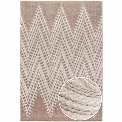 Mynes Home Webteppich Kurzflor Wohnzimmer Teppiche in Beige - 3D Vintage Abstraktes Zick Zack Muster - weich und pflegeleicht - Grösse 160x230 cm
