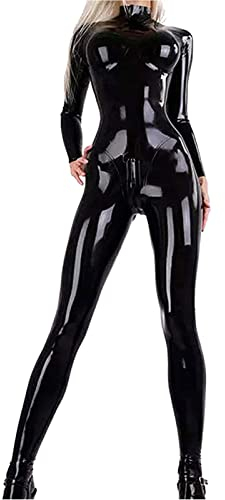 Oaimmk Damen Wetlook Bodysuit Ouvert Hose Latex Catsuit Lack Leder Overall Jumpsuit Ärmellos Tank Top Hot Pants Sexy Dessous Clubwear,Schwarz,S