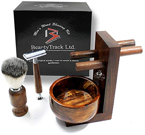 BeautyTrack Vintage Pure Wood Shaving Kit Gift for Men - Safety Razor - Shaving Beard Brush Best Badger Hair Shaver Wood Handle Shaving Soap Bowl - Razor Stand Kit - Great Gift Idea for Christmas