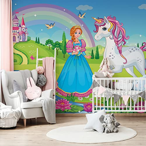 Muralo Tapete Vlies Prinzessin, Einhorn, Schloss, XXL - 360x240 cm | Moderne Fototapete, hochauflösender Druck - ideal für Spielzimmer und Kinderstube, Ein echter Hingucker in jedem Zuhause