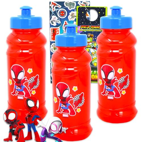 Spidey and Friends Plastic Water Bottle for Boys and Girls - 3pc Spiderman Travel Bundle with Reusable Water Bottle For Home, School, and Sports, Spiderman Stickers, and More
