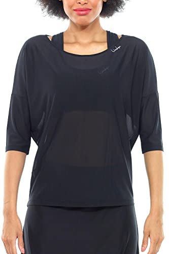 WINSHAPE Damen Functional Light 3/4-arm Mesh-dance Top Dt107 Leicht Transparent T-Shirt, Schwarz, S EU