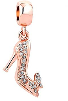 KunBead Jewelry Rose Gold Tone High Heel Shoe Crystal Butterfly Women Girls Dangle Charms Compatible with Pandora Bracelets Necklace