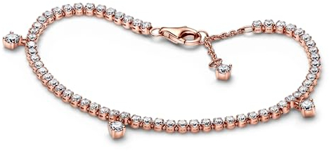 PANDORA Timeless Bracciale tennis con gocce brillanti placcato in oro rosa 14 k con zirconi cubici trasparenti, 16