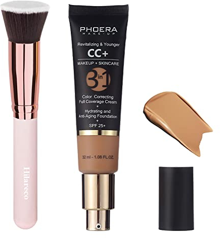 PHOERA CC Cream Foundation,PHOERA Full Coverage Foundation Color Correcting Cream,Anti Aging Hydrating Serum with matte Natural lightweight Finish,1.08 floz (160 Sand)