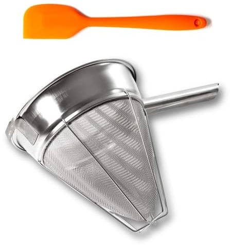 Bouillon Strainer - Stainless Steel Fine Mesh Metal Food Chinois, Cone Separator, Kitchen Colander Sieve for Sauce Jam Jelly Tea, 8 - With Spatula