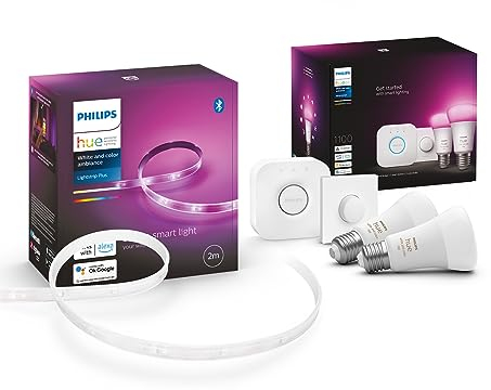 Philips Hue White & Color Ambiance E27 2er Starter Set inkl.Hue Bridge + 2m Lightstrip Basis, 2x806lm, bis zu 16 Mio. Farben, dimmbar, steuerbar via App, kompatibel mit Amazon Alexa (Echo, Echo Dot)