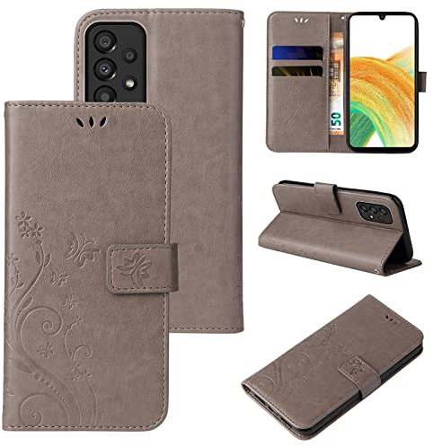 LBH Handy Hülle für Samsung Galaxy A33 5G Case Handytasche Schmetterling Blumen Flower Standfunktion Schutzhülle Magnet Rundum Schutz 360 Grad Flipcase Cover Grau