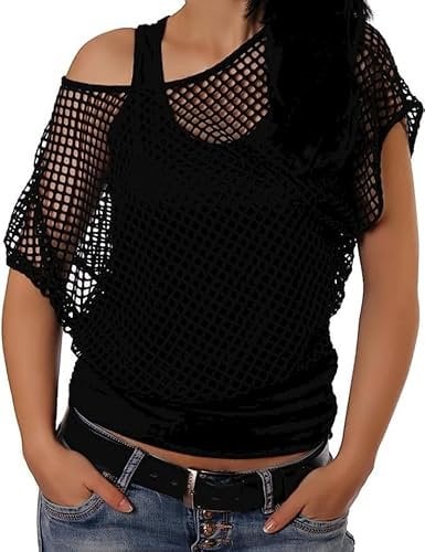 ELFIN Women 80s T Shirts Neon Fishnet Mesh Top Off Shoulder Tops Fany Dress for Women (Tops+Vest)