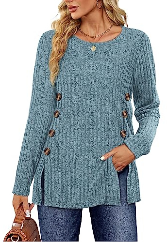 Sampeel Ladies Jumpers Long Sleeve Tops Women Jumpers Symmetrical Button Down Collar Split Womens Jumper Ladies Lightweight Jumpers Size 14-16 Blue