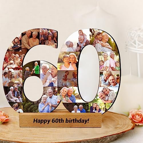 Personalised Age Numbered Photo Collage Wood Sign | Custom 2 Digits & 1-20 Photos Happy 60Th Birthday Photo Frame 60Th Anniversary Collage Photo Frame |Gifts For Birthday,Anniversary (style 3)