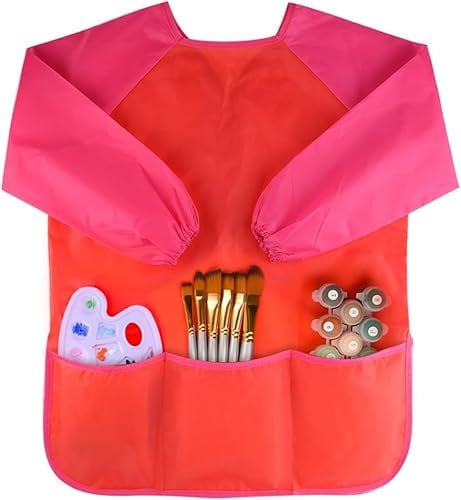Voarge Tablier de Peinture en Nylon imperméable avec Manches pour Enfants de 8 à 10 Ans avec Manches et 3 Poches utilisé, pour la Peinture d'art Scolaire la Cuisine etc - L (Rouge)