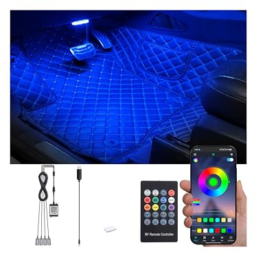QAUBEN RGB Auto Fußraum Umgebungsbeleuchtung Kit USB 16,7 Millionen Farben Sound Aktive Musik Sync APP Steuerung + RF Fernbedienung Auto Innenraum Mehrfarbig Fußraum Atmosphäre Licht DC 12V