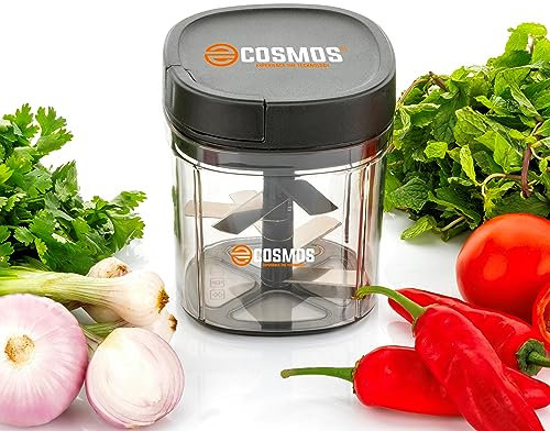 E-Cosmos Hachoir manuel de 900 ml pour ail, oignon, légumes, fruits, noix, sans BPA, matériau de qualité alimentaire, base antidérapante, hachoir à main pour cuisine – 30 W, transparent