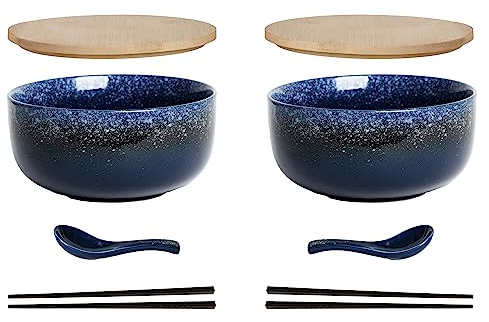 Ramen Schüssel Keramik 2 Set (8 Stück) mit Löffel Essstäbchen,1100 ML Großer Suppenschüssel,Salatschüsseln Für Suppe, Pho und Sushi Bowl (Stern blau 2 Set)