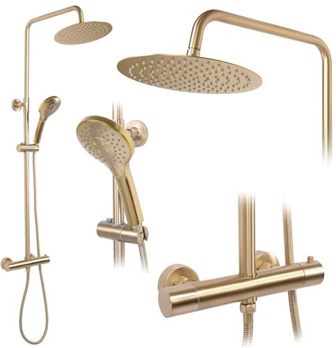 Rea Colonne de douche avec thermostat VINCENT Gold Brush Système de Douche en Laiton Pour Salle de Bain (Or)