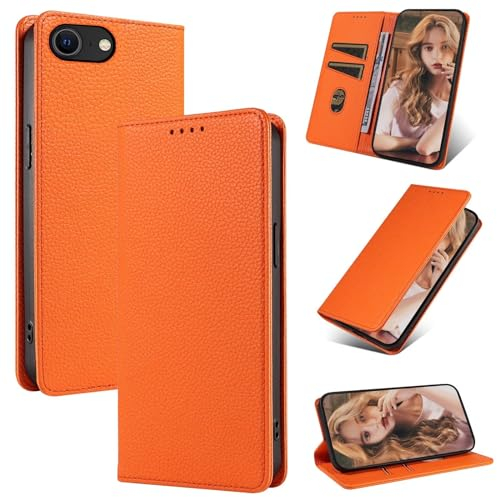 Beajew Handyhülle für iPhone 7/8/iPhone SE 2020/SE 2022 Hülle, Premium Leder Klapphülle [RFID Kartenschlitzen][Magnetverschluss][Standfunktion] kompatibel mit iPhone 7/8/iPhone SE 2022, Orange