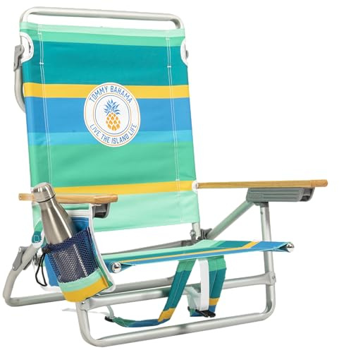 Tommy Bahama Silla de Playa clásica con Mochila Plana de 5 Posiciones con Enfriador y portavasos, Silla de Playa Plegable portátil para Bronceado, Rayas de piña