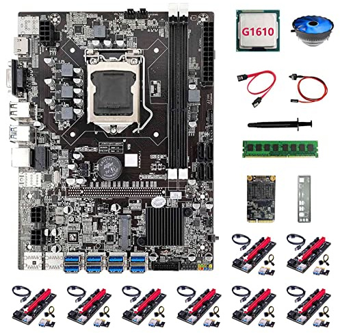 AMIUHOUN B75 8USB ETH Motherboard + G1610 CPU + 8XVER009S Riser-Karte + DDR3 4GB RAM + 128G SSD + Lüfter + -Kabel + Switch-Kabel B75 BTC