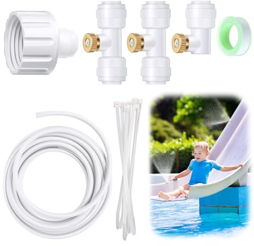 Gulfmew Pool Slide Water Tubing Kit, 32.8FT Water Lines for Above Ground Pool Slide, Pool Water Slide Tube with 3 Brass Mist Nozzles, Fan Misting Kit for a Cool Patio