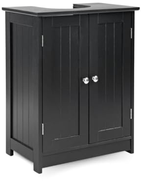 Fizporium 2 Door Undersink Cabinet, Bathroom Vanity Unit Bathroom Storage Cabinet, Free Standing Under Sink Storage, Under Basin Cabinet with Internal Shelves & Style Doors, Under Sink Cupboard Black