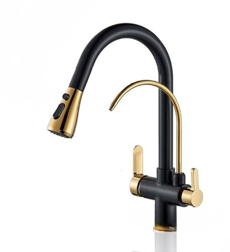 XJTNLB 3 Way Tap Kitchen Taps Mixer Pull Out Spray Gold+Black Drinking Tap Gooseneck 3 in 1 Kitchen Sink Tap